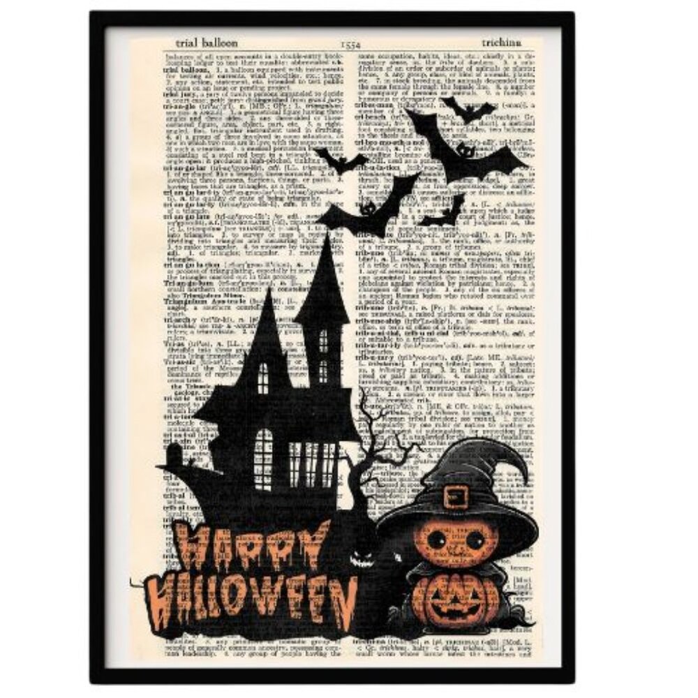 Vintage Dictionary Art Print Wall Hanging Pages Happy Halloween Pumpkin Boy mq